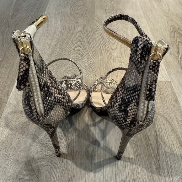 NEW Bebe Berdine Ankle Strap Sandal Snake Skin and Gold Strappy Heels Size 8.5 - Picture 5 of 7